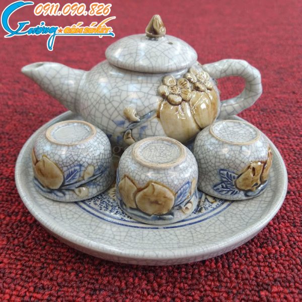 Bộ ấm trà cúng 3 chén quả đào men rạn Bát Tràng- DTMR09
