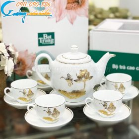 Bộ trà dáng Minh Long họa tiết sen vẽ vàng kim