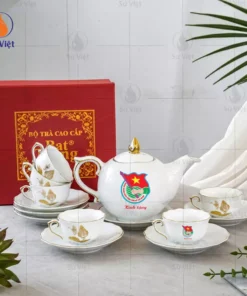 Ấm Chén Mẫu Đơn Vẽ Vàng In Logo Quà Tặng Đại Hội Đoàn Thanh Niên