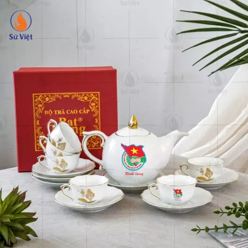 Ấm Chén Mẫu Đơn Vẽ Vàng In Logo Quà Tặng Đại Hội Đoàn Thanh Niên