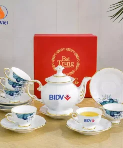 Bộ Ấm Chén Hoa Sen Quà Tặng In Logo Ngân Hàng BIDV
