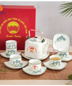 ấm chén sen xanh in logo quà tặng đại hội MTTQ VN