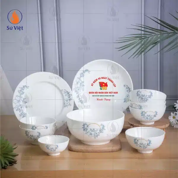 bộ bát đĩa in chữ quà kỷ niệm thành lập quân đội nhân dân