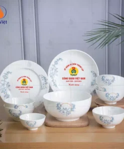 bộ chén đĩa in logo quà kỷ niệm ngày thành lập công đoàn