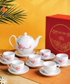 Bộ ấm chén trắng dáng Minh Long in họa tiết hoa đào hồng