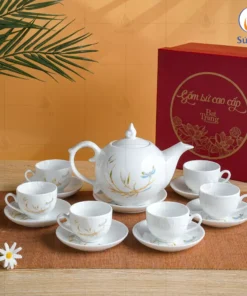 Bộ ấm chén Bát Tràng dáng bưởi lửa in hoa trúc