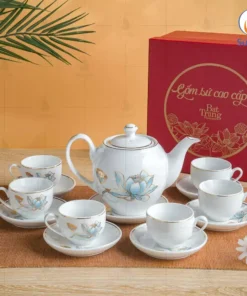 Bộ ấm chén trắng dáng Minh Long hoa sen xanh kẻ chỉ vàng kim