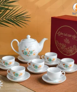 Bộ ấm tra trắng Bát Tràng dáng Minh Long hoa dây xanh