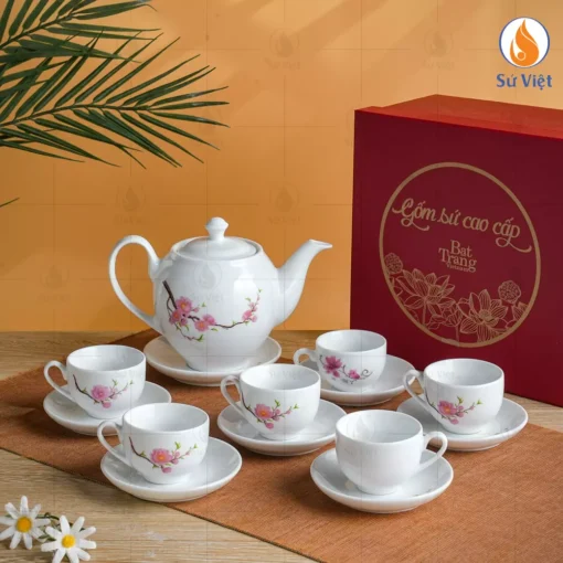 Bộ ấm chén trắng dáng Minh Long họa tiết hoa đào hồng
