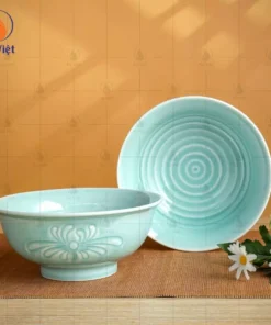 Bộ Bát Đĩa Bát Tràng Men Ngọc Vẽ Hoa Cúc