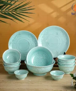 Bộ Bát Đĩa Bát Tràng Men Ngọc Vẽ Hoa Cúc