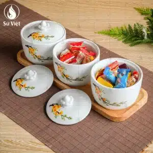 Bộ 3 Hũ Đựng Mứt Bằng Sứ Bát Tràng Vẽ Hoa Mai Vàng