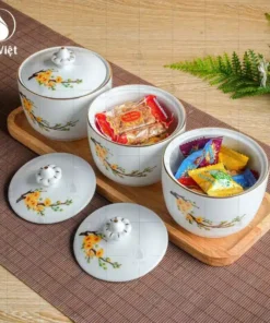 Bộ Hũ Đựng Mứt Tết Hoa Mai Vẽ Vàng Kim