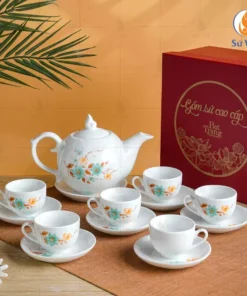 Bộ ấm chén trắng dáng bưởi lửa hoa dây xanh