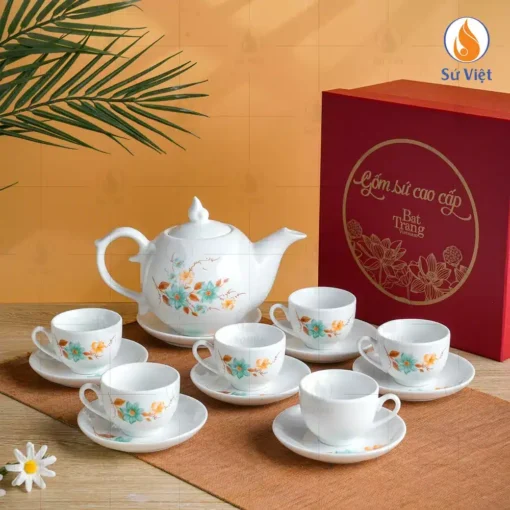 Bộ ấm chén trắng dáng bưởi lửa hoa dây xanh