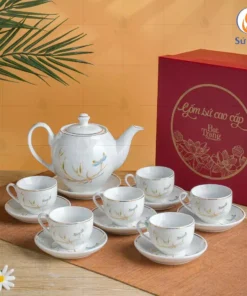 Bộ ấm chén trắng dáng Minh Long in họa tiết Thuận buồm xuôi gió