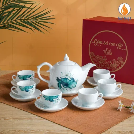 Bộ ấm chén trắng dáng bưởi lửa in hoa sen xanh