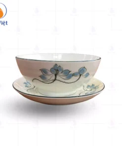 Tô Đựng Phở Men Kem Vẽ Hoa Sen Xanh