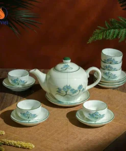 Bộ Ấm Chén Uống Trà Men Kem Dáng Bầu Hoa Sen