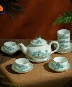 Bộ Ấm Tách Trà Men Kem Dáng Lồng Đèn Hoa Sen