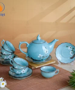 Bộ Ấm Chén Men Xanh Vẽ Hoa Mai Trắng