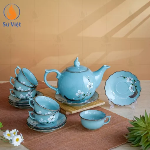 Bộ Ấm Chén Men Xanh Vẽ Hoa Mai Trắng