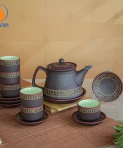 Bộ Ấm Chén Tử Sa Ganh Nâu Vẽ Trống Đồng