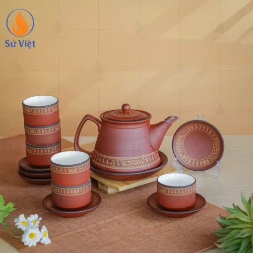 Bộ Trà Hồng Sa Ganh Nâu Đỏ Vẽ Trống Đồng