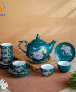 Bộ Ấm Trà Xanh Lục Vẽ Liên Hoa