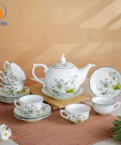 Bộ Ấm Chén Viền Bạch Kim Vẽ Hoa Sen