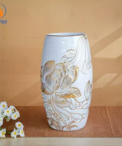 Bình hoa men sứ trắng họa tiết hoa sen kẻ vàng kim Bát Tràng