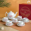 Bộ Ấm Chén Trắng Bưởi Cành Vẽ Hoa Ban Hồng