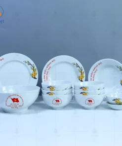 bộ bát đĩa mai vàng in logo đại hội đảng tỉnh phú thọ