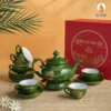 Bộ ấm chén Bát Tràng dáng đài các men xanh họa tiết lá trúc vẽ vàng kim