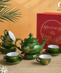 Bộ ấm chén Bát Tràng dáng đài các men xanh họa tiết lá trúc vẽ vàng kim