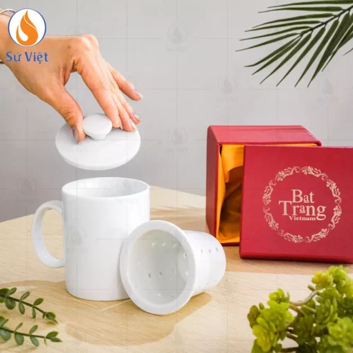 Cốc Sứ Trụ Trắng Có Nắp Kèm Lõi Lọc