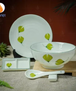 Tô Phở Sâu Men Kem Vẽ Lá Giẻ Quạt