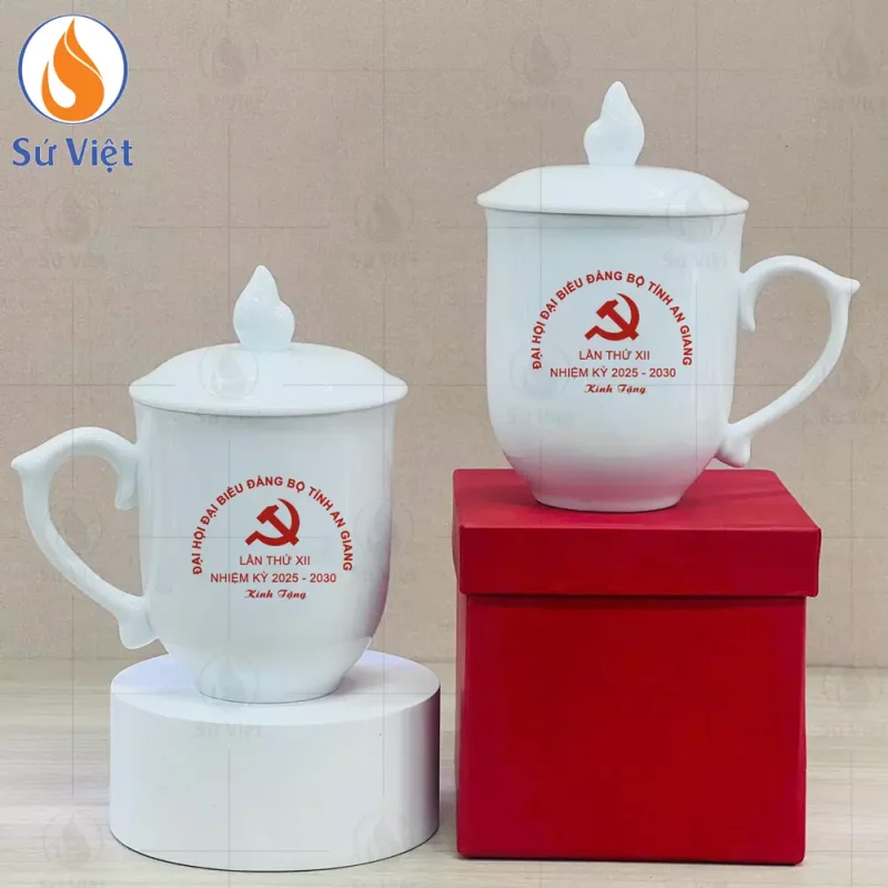 Ly cốc sứ in logo Đại hội Đảng bộ tỉnh An Giang