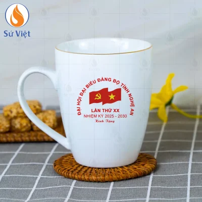 ly sứ trắng in logo quà tặng Đại hội Đảng tỉnh Nghệ An