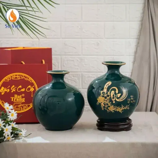 Bình hút lộc vẽ chữ Lộc men xanh lá