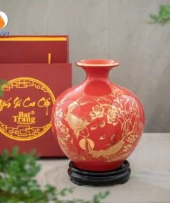 Bình hút lộc men đỏ họa tiết Cá chép hoa sen vàng kim