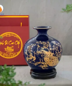 Bình gốm men xanh họa tiết Công Đào kẻ vàng kim