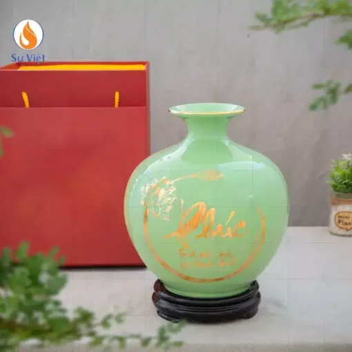 Bình hút lộc men xanh ngọc họa tiết chữ Phúc in vàng kim