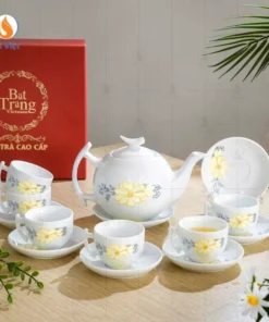 Bộ ấm chén Bát Tràng họa tiết hoa trà trắng