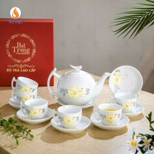Bộ ấm chén Bát Tràng họa tiết hoa trà trắng