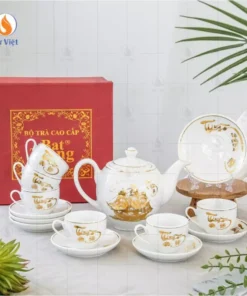 Bộ trà trắng dáng Minh Long họa tiết Thuận Buồm Xuôi Gió