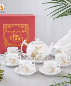 Bộ ấm chén trắng dáng bưởi cành họa tiết trúc kẻ vàng kim