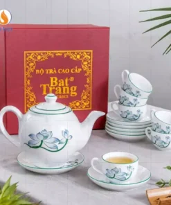 Bộ ấm chén trắng hoa sen xanh dáng Minh Long