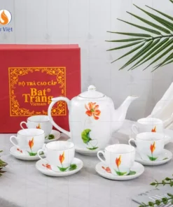 Bộ trà trắng họa tiết hoa sen hồng