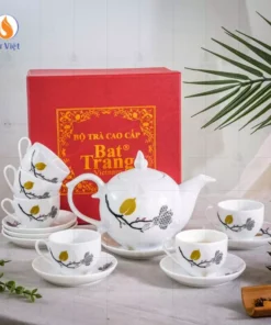 Bộ ấm chén trắng họa tiết Lá Kim Ngân